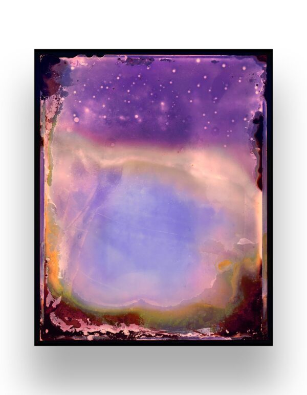 A colorful abstract image featuring a gradient of purple, pink, and blue with scattered white dots and a black border.
