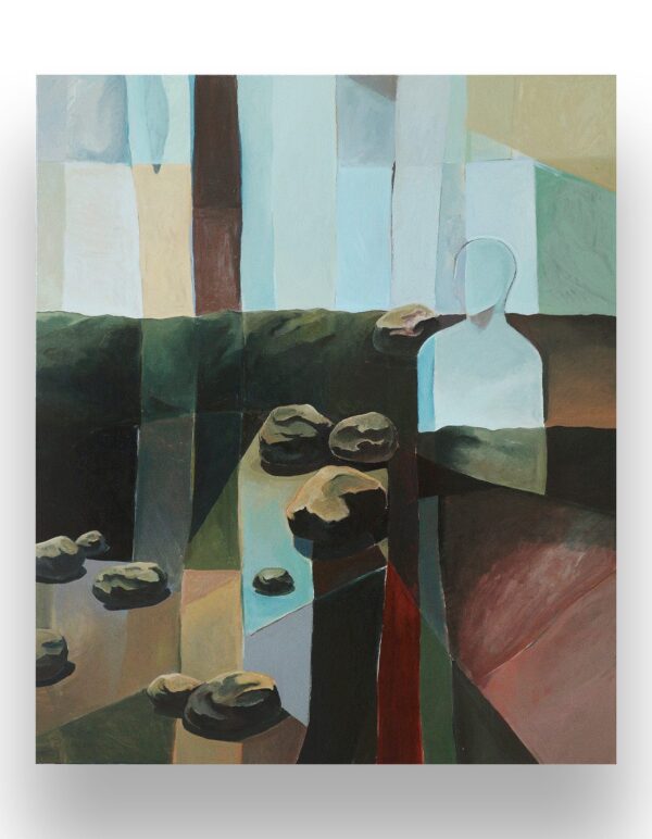 Abstract painting featuring geometric shapes, scattered rocks, and a faceless human figure positioned within a fragmented, colorful landscape.