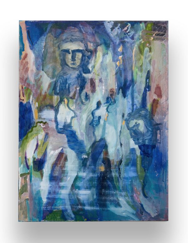 An abstract painting with blue and green hues, featuring two ghostly human-like faces and fluid, overlapping shapes suggesting movement and depth.
