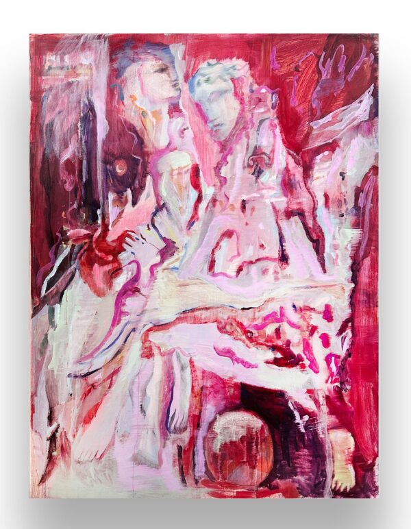 Abstract painting with swirling pink, red, and white brushstrokes, featuring vague human-like forms and a circular shape near the bottom center.