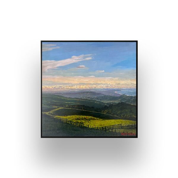 A landscape painting of rolling green hills, a wooden fence, and a distant mountain range under a blue sky with clouds.