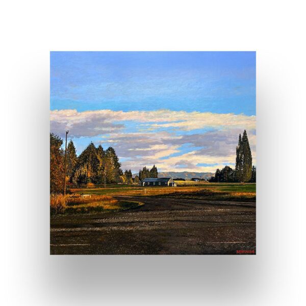 A painting of a rural landscape with trees, a field, and a building under a partly cloudy sky at sunset.