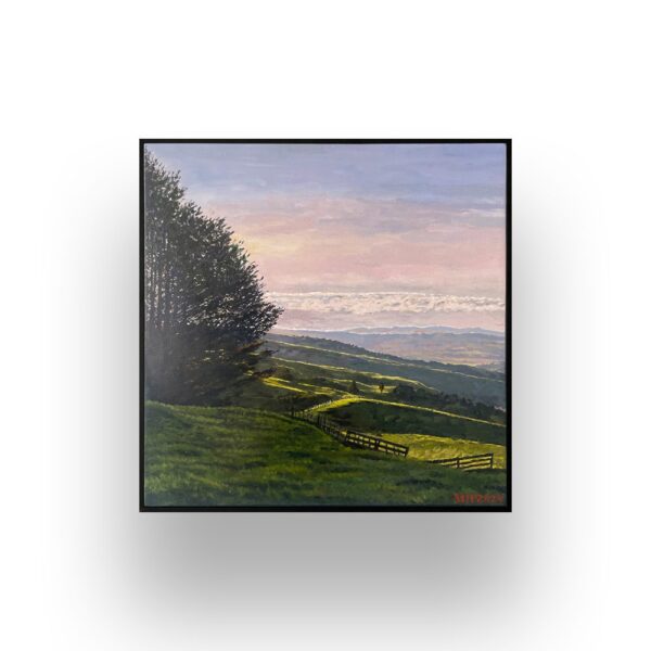 A painting of a rural landscape with rolling green hills, a cluster of trees to the left, wooden fences, and a cloudy sky at sunset.