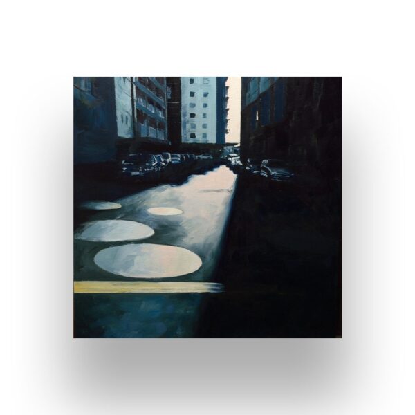 Painting of a city alley with tall buildings on both sides, cars parked along the edges, and large circular light reflections on the ground.