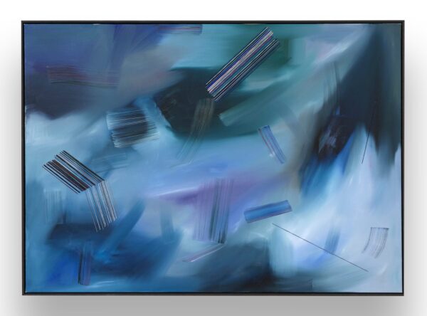 Abstract painting with various shades of blue and purple, featuring diagonal and vertical streaks and brush strokes throughout the canvas.