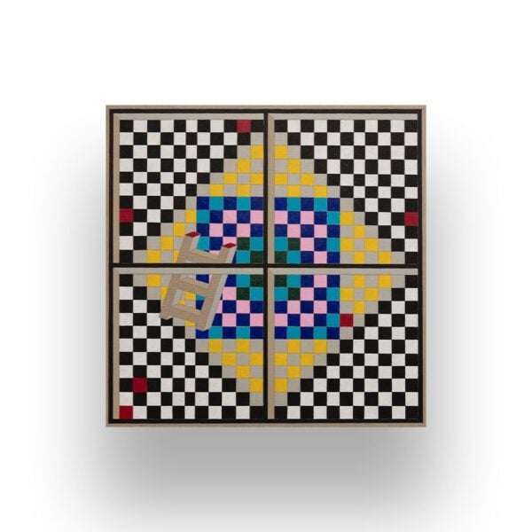 A square artwork featuring a black-and-white checkerboard pattern with a colorful diamond shape in the center and a wooden chair element attached to the surface.