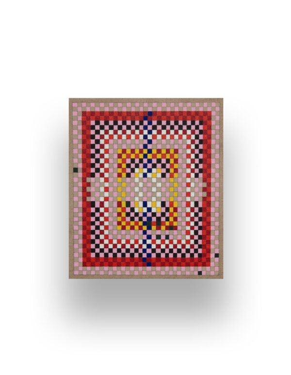A square quilt with a checkerboard pattern in red, pink, white, yellow, black, and blue, arranged in concentric rectangles, displayed on a white background.