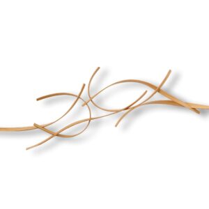 Curved wooden strips intersect and overlap, creating an abstract wall sculpture on a white background.