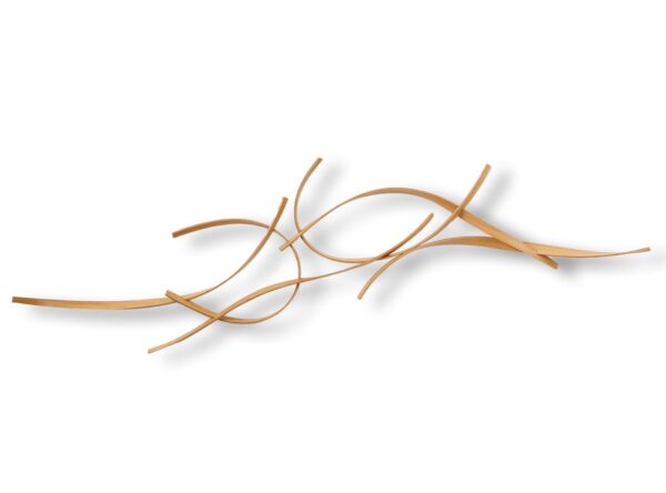 Curved wooden strips intersect and overlap, creating an abstract wall sculpture on a white background.