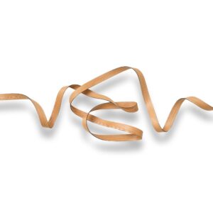 A long, thin, light brown wooden ribbon with twists and loops lies on a white background, casting soft shadows.
