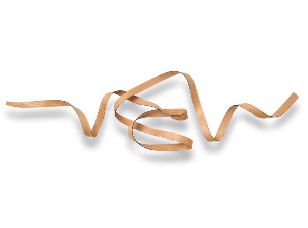 A long, thin, light brown wooden ribbon with twists and loops lies on a white background, casting soft shadows.