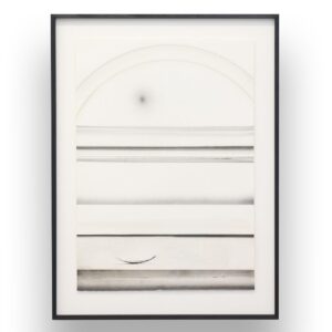 A framed abstract artwork features curved and horizontal gray lines on a white background, with a faint arched shape and a small dark spot near the top.