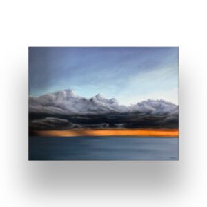 A painting of a seascape at sunset, featuring dark clouds above a calm body of water with an orange glow on the horizon and a blue sky above.