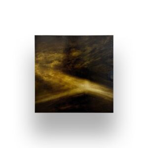 A square painting with abstract dark brown and gold tones, featuring blurred, light diagonal streaks across the center.