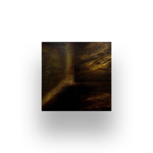 A dark, abstract painting with hints of gold and brown, depicting a corner where two walls meet, displayed against a white background with a soft shadow.