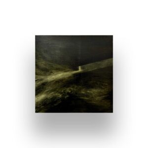 A dark abstract painting featuring blurred, streaked shades of black and green with a central horizontal beam of light and indistinct forms, set against a white background.