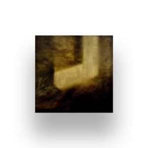 A square painting featuring a blurred, abstract yellow shape resembling an "L" against a dark, textured brown background.