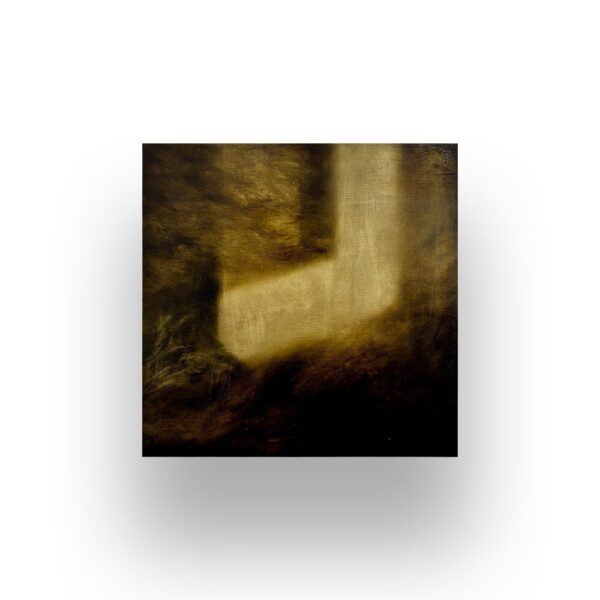 A square painting featuring a blurred, abstract yellow shape resembling an "L" against a dark, textured brown background.