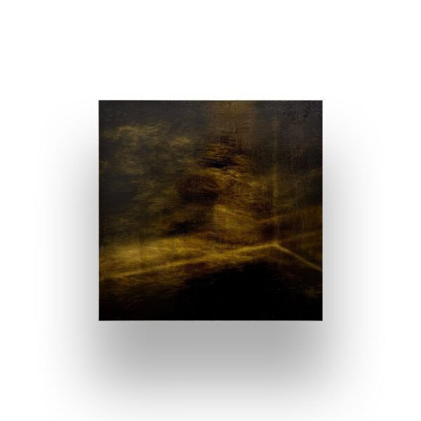Abstract painting with dark brown and black tones, featuring blurred, golden streaks and patches; the artwork is centered on a white background with a faint shadow.