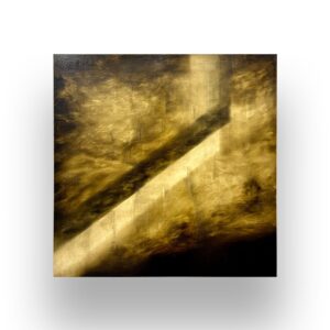 Abstract painting featuring a diagonal beam of light cutting through a dark, golden-brown, and textured background.