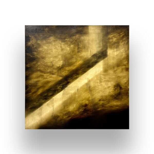 Abstract painting featuring a diagonal beam of light cutting through a dark, golden-brown, and textured background.