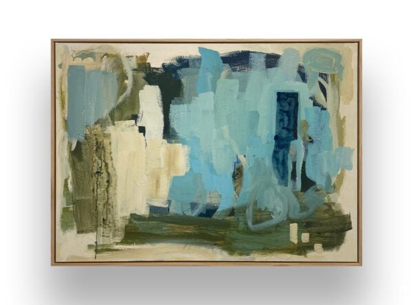 Framed abstract painting featuring overlapping brushstrokes in shades of blue, green, and beige on a neutral background.