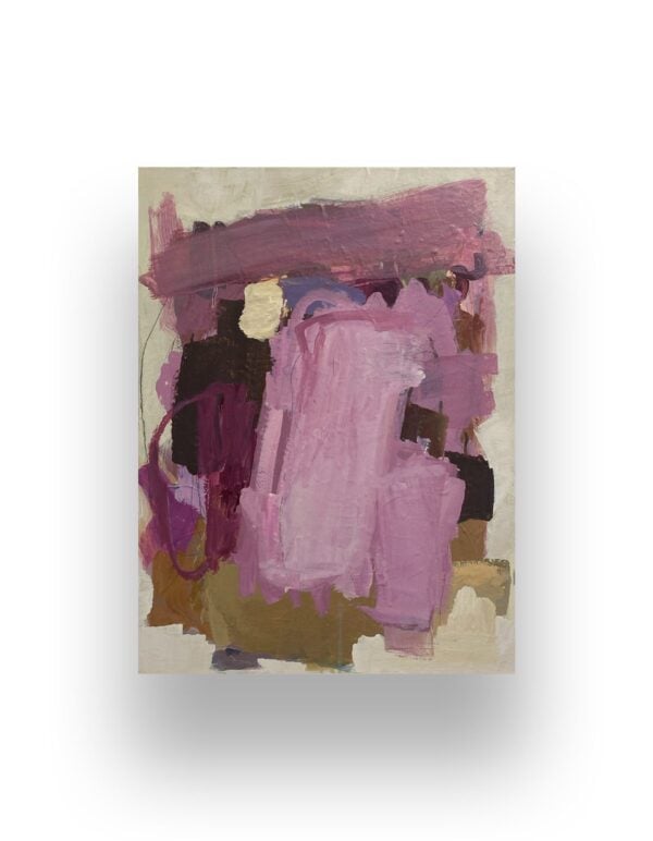 Abstract painting featuring overlapping brushstrokes in shades of pink, purple, brown, and beige on a light background.