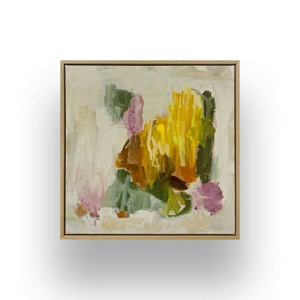 Abstract painting with yellow, green, pink, and brown brushstrokes on a light background, framed in a simple wooden frame.