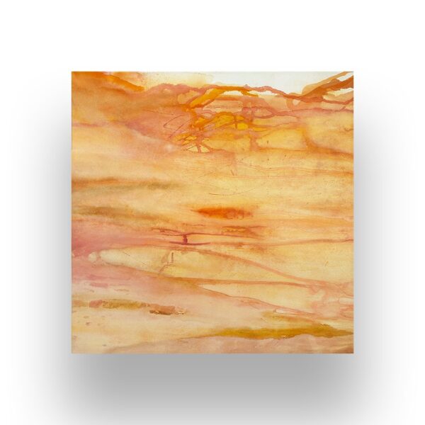 Abstract painting with swirling orange, yellow, and pink hues resembling flowing watercolors, displayed on a white background with soft shadowing.