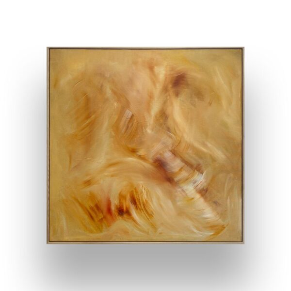A square abstract painting with swirling brushstrokes in shades of tan, beige, and light brown, framed with a thin border, set against a white background.
